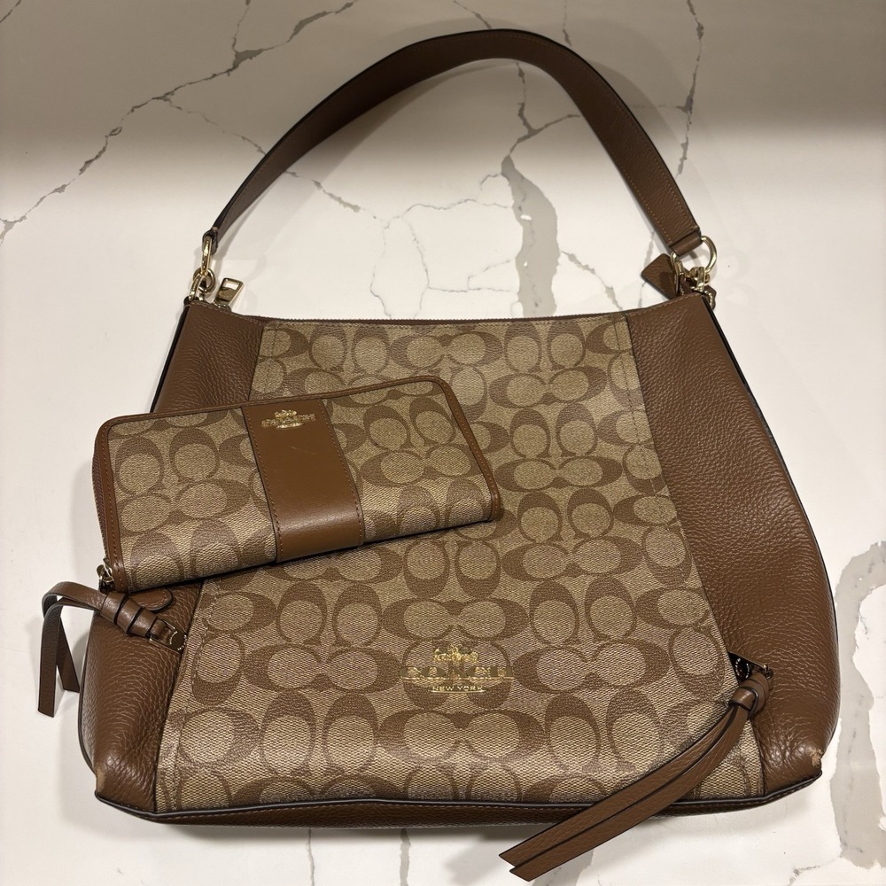 Coach Marlon Hobo Bag F79993 & Accordion Zip Wallet Set Signature Canvas Brown